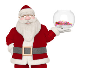 santa claus is smiling and holding a candy jar