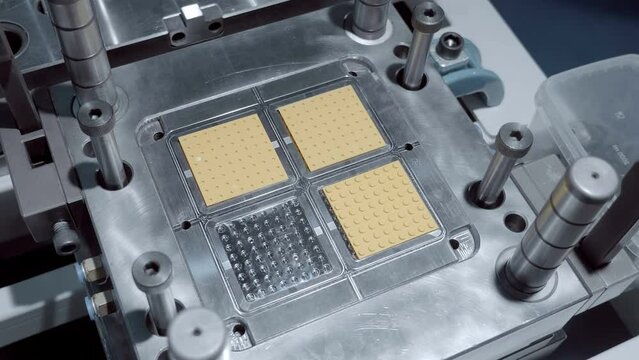 Industrial die for the manufacture of plastic details by injection moulding. Shot in motion. Closeup. Follow focus