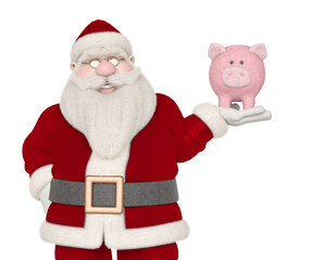 santa claus is smiling and holding a pink pig bank