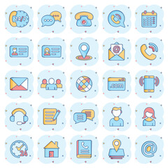 Contact icon set in comic style. Phone communication cartoon vector illustration on white isolated background. Website equipment splash effect business concept.