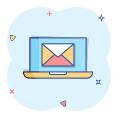 Laptop with email icon in comic style. Mail notification cartoon vector illustration on white isolated background. Envelope with message splash effect business concept.
