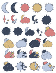 moon and stars illustrations set