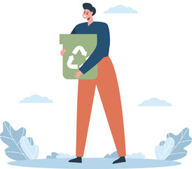 Flat vector illustration. A happy man holding a trash can with a recycling symbol. The concept of respect for nature, recycling of garbage 