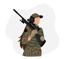 sniper girl in military uniform. A female soldier with a sniper rifle on a white background. Vector illustration