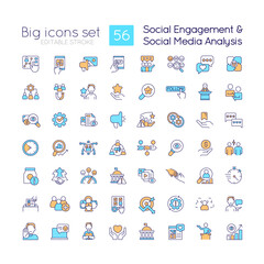 Social engagement RGB color icons set. Users involvement. Social media analysis. Isolated vector illustrations. Simple filled line drawings collection. Editable stroke. Quicksand-Light font used