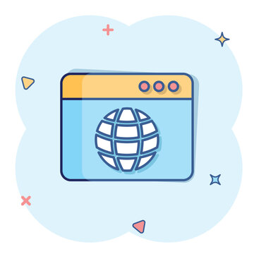 Website domain icon in comic style. Global internet address cartoon vector illustration on white isolated background. Server splash effect business concept.