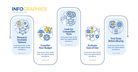 Selection business tools advices rectangle infographic template. Data visualization with 5 steps. Editable timeline info chart. Workflow layout with line icons. Lato Bold, Regular fonts used © bsd studio