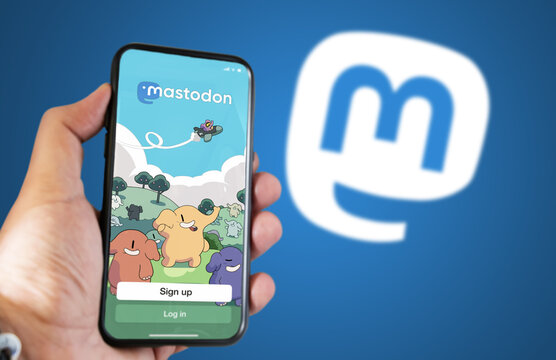 hand holding a phone with Mastodon mobile app on screen