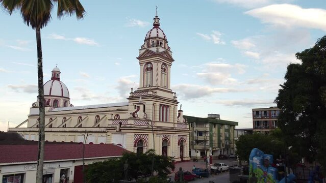 Upward aerial view of the town church in chaparral tolima colombia. concept of travel and towns