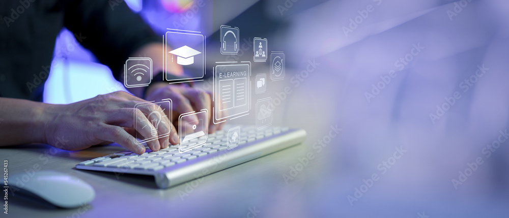 Fototapete Concept of Online education. man use Online education training and e-learning webinar on internet for personal development and professional qualifications. Digital courses to develop new skills.