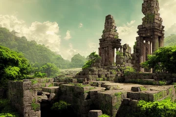 Papier Peint photo Lieu de culte Ruins of the sacred temple with green vegetation. Beautiful natural wallpaper. 3D illustration.