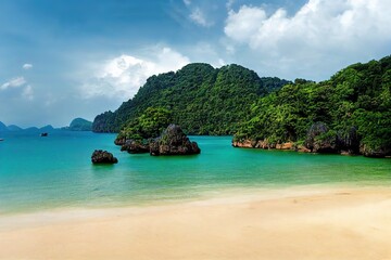 Fototapeta na wymiar Picturesque view of Andaman sea in Phuket island, Thailand. View through the jungle on the beautiful bay and mountains. Tropical beach Laem Singh.