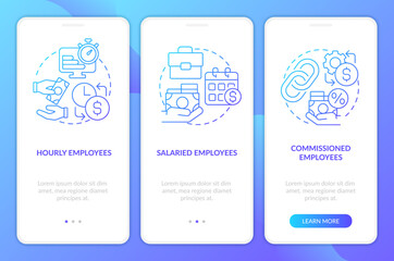 Payroll processing methods blue gradient onboarding mobile app screen. Wage walkthrough 3 steps graphic instructions with linear concepts. UI, UX, GUI template. Myriad Pro-Bold, Regular fonts used