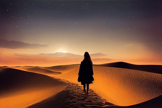 portrait of a woman with lantern walking on sand dunes at night