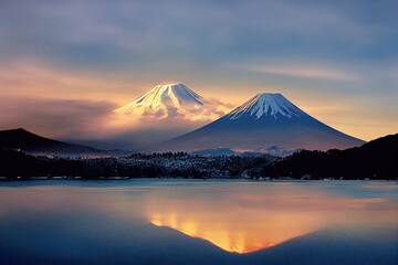 Fototapeta premium Mt. Fuji and Motosu lake in winter season