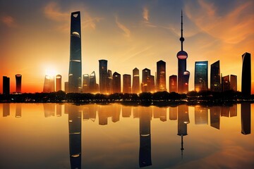 Lujiazui Finance and Trade Zone of Shanghai landmark skyline at dawn
