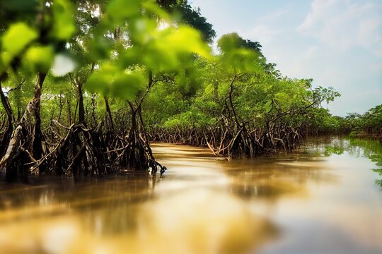 Mangrove trees in a peat swamp forest and a river with clear water. Thailand