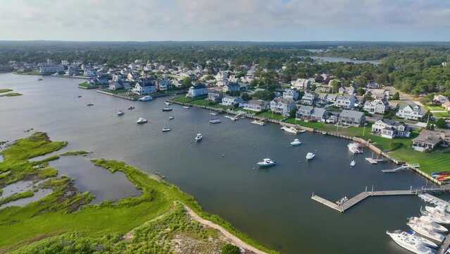 West Dennis Beach aerial view and West Dennis Yacht Club on Bass River mouth in town of Dennis, Massachusetts MA, USA. 