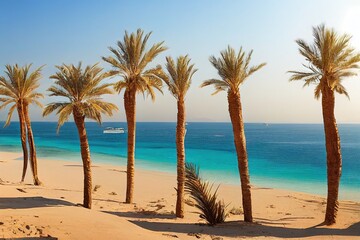 Obraz na płótnie Canvas Sunny resort beach with palm tree at the coast shore of Red Sea in Sharm el Sheikh, Sinai, Egypt, Asia in summer hot. Bright sunny light