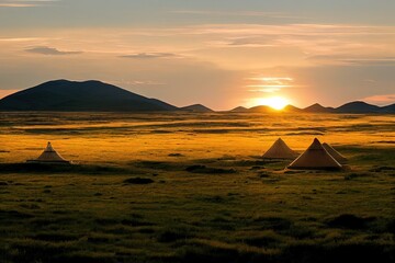 Fototapeta na wymiar sunset on a yurt , in the grassland of Mongolia