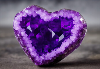 Heart shaped amethyst crystal geode close up on gray background - obrazy, fototapety, plakaty
