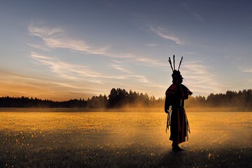 Traditional Dancer On Field Against Sky During Sunset