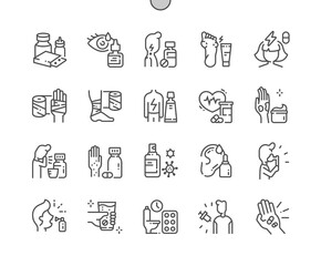 Fototapeta na wymiar Treatment of diseases. Health care, medical and medicine. Syrup, eye drops, hand bandage and antiviral drug. Pixel Perfect Vector Thin Line Icons. Simple Minimal Pictogram