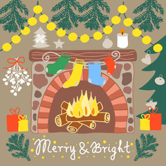 Fireplace Christmas card with lettering saying 'Merry & Bright'. Cozy Christmas vector illustration.