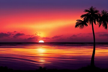 Fototapeta na wymiar Tropical sunset with palm tree silhouette panorama