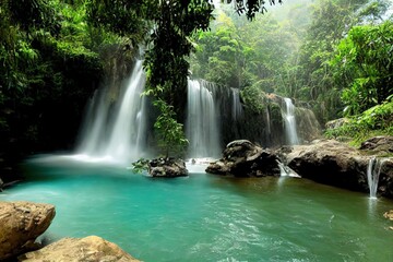 Fototapeta na wymiar Waterfall Eravan, in Kanchanabury, Thailand