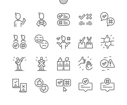Do and Dont. Check mark. Thumb up and thumb down. Tick and cross. Like and dislike. Pixel Perfect Vector Thin Line Icons. Simple Minimal Pictogram