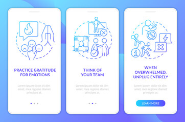 Prevent news overload blue gradient onboarding mobile app screen. Walkthrough 3 steps graphic instructions with linear concepts. UI, UX, GUI template. Myriad Pro-Bold, Regular fonts used