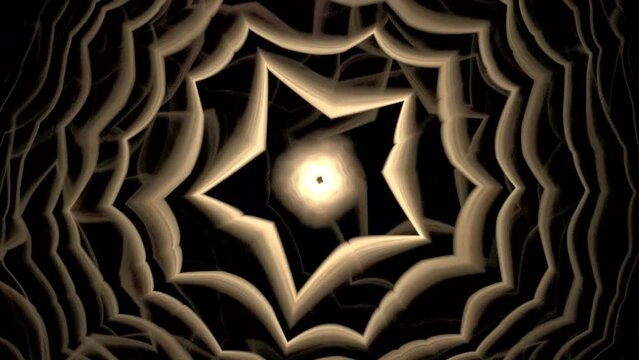 A swirling yellow pattern of crooked star shapes on a black background. Abstract fractal video.