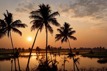 Fototapeta na wymiar India, Karnataka, Hampi, Palm trees surrounding rice paddy at sunset