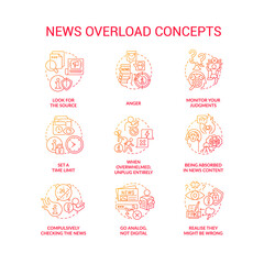 News overload red gradient concept icons set. Negative content. Media fatigue. Infoxication problems idea thin line color illustrations. Isolated symbols. Roboto-Medium, Myriad Pro-Bold fonts used