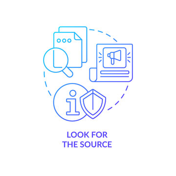 Look for source blue gradient concept icon. Reduce anxiety about news. Manage information overload abstract idea thin line illustration. Isolated outline drawing. Myriad Pro-Bold font used