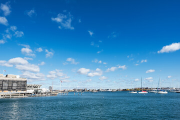 Obraz na płótnie Canvas view of port of the city of boston harbor seaport old town water river lake road cityscape tourism travel discover adventure urban exploration ship sky panoramic