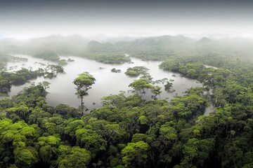 Aerial drone image of the rainforest and a small river at Amboro National Park, Bolivia - obrazy, fototapety, plakaty