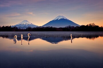 A pair of mute swans in Lake Kawaguchi disrupt the reflection of Mt. Fuji, Japan