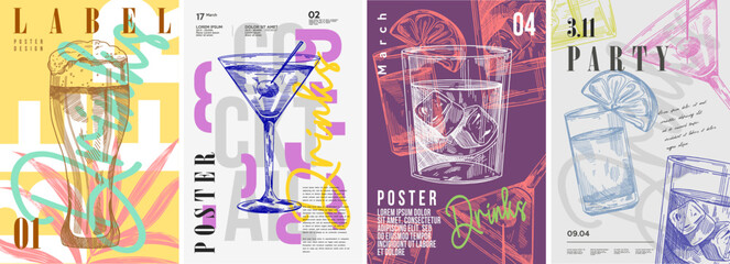 Party poster design. Drinks, Cocktails, Beer. Set of vector illustrations. Typography. Vintage pencil sketch. Engraving style. Labels, cover, t-shirt print, painting. - obrazy, fototapety, plakaty
