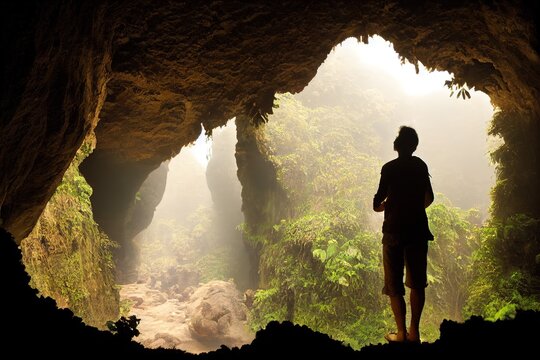 A silhouette inside the beautiful cave Goa Jomblang in East Java, Indonesia