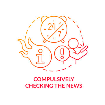 Compulsively checking news red gradient concept icon. Content anxiety. Negative impact of doomscrolling abstract idea thin line illustration. Isolated outline drawing. Myriad Pro-Bold font used