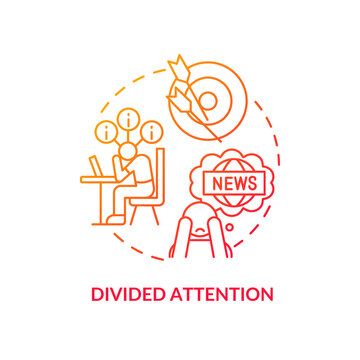 Divided attention red gradient concept icon. Infoxication issue. Media fatigue. Absorb too much information abstract idea thin line illustration. Isolated outline drawing. Myriad Pro-Bold font used