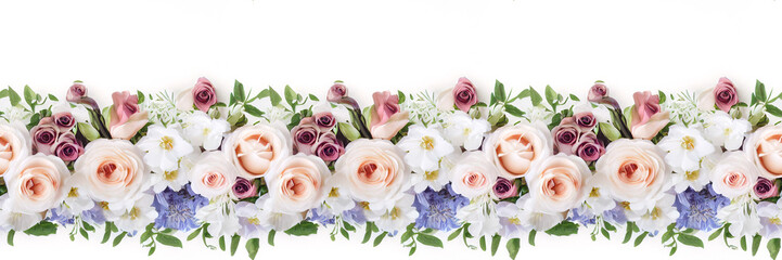 Abstract floral banner. Isolated fresh flowers on transparent background. Seamless repeat pattern. Horizontal poster, greeting cards, headers, baner, website. Digital art. 3d rendering.	
