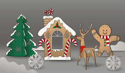 Christmas cute cardboard scene - Reindeer, Gingerbread, Snowflake and Tree