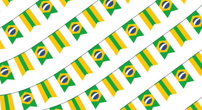 Bandeirolas ou bandeiras do Brasil no varal. Decora&ccedil;&atilde;o em vetor para torcida da Sele&ccedil;&atilde;o Brasileira de copa do mundo 2022 de futebol