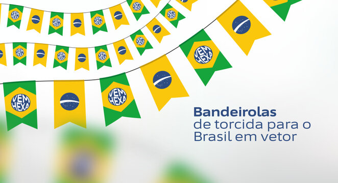 Bandeirolas ou bandeiras do Brasil no varal. Decoração em vetor para torcida da Seleção Brasileira de copa do mundo 2022 de futebol