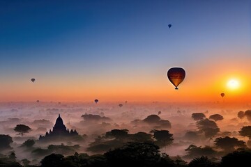 Balloon over plain of Bagan in misty morning, Myanmar