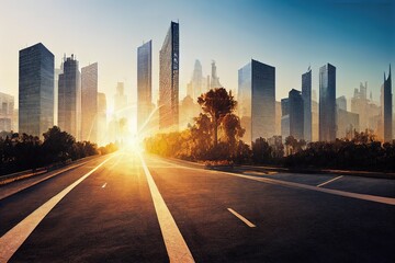 Fototapeta premium asphalt road and skyscrapers under sunbeam