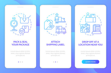 Sending parcel tips blue gradient onboarding mobile app screen. Walkthrough 3 steps graphic instructions with linear blue gradient concepts. UI, UX, GUI template. Myriad Pro-Bold, Regular fonts used